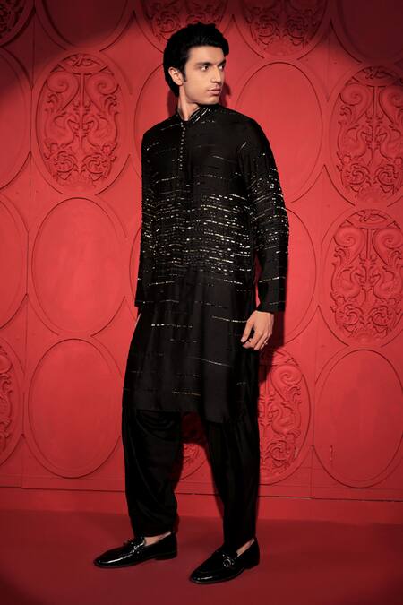Shop Jubinav Chadha Black Kota Doria Sequins, Beads Embroidered Woven Kurta With Salwar Pant Online at Aza Fashions Shop_Jubinav Chadha_Black Kota Doria Sequins, Beads Embroidered Woven Kurta With Salwar Pant _Online_at_Aza_Fashions