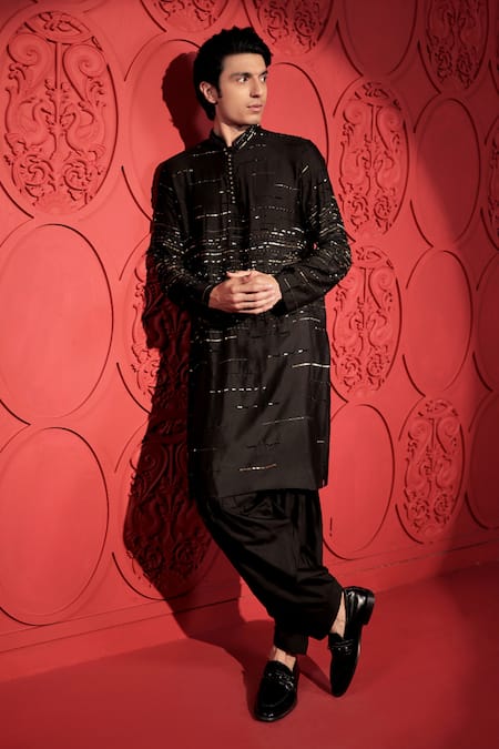 Jubinav Chadha Black Kota Doria Sequins, Beads Embroidered Woven Kurta With Salwar Pant at Aza Fashions Jubinav Chadha_Black Kota Doria Sequins, Beads Embroidered Woven Kurta With Salwar Pant _at_Aza_Fashions
