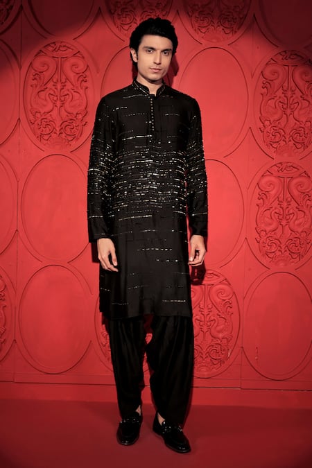 Buy Jubinav Chadha Black Kota Doria Sequins, Beads Embroidered Woven Kurta With Salwar Pant Buy_Jubinav Chadha_Black Kota Doria Sequins, Beads Embroidered Woven Kurta With Salwar Pant