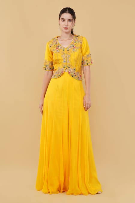 Nidhi Kejriwal Yellow Georgette Embroidery Floral V Neck Short Jacket With Palazzo 