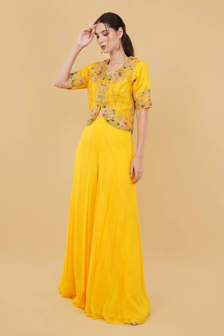 Nidhi Kejriwal_Yellow Georgette, Silk Embroidery V-neck Floral Short Jacket With Palazzo_Online_at_Aza_Fashions