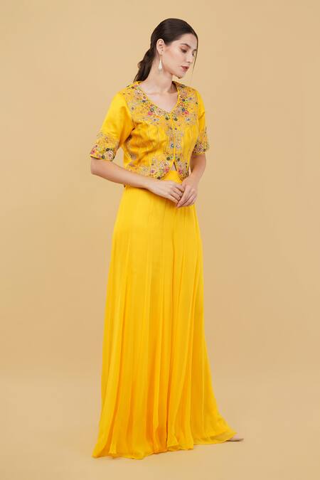 Buy_Nidhi Kejriwal_Yellow Georgette, Silk Embroidery V-neck Floral Short Jacket With Palazzo_Online_at_Aza_Fashions