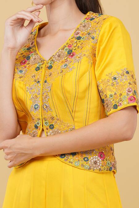 Shop_Nidhi Kejriwal_Yellow Georgette, Silk Embroidery V-neck Floral Short Jacket With Palazzo_Online_at_Aza_Fashions