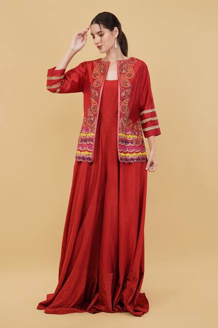 Nidhi Kejriwal_Red Chanderi, Silk, Denim Sequins, Paisley Embroidered Jacket With Jumpsuit_Online_at_Aza_Fashions