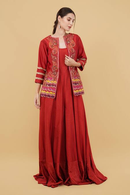 Buy_Nidhi Kejriwal_Red Chanderi, Silk, Denim Sequins, Paisley Embroidered Jacket With Jumpsuit_Online_at_Aza_Fashions