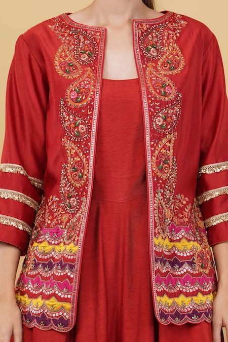 Shop_Nidhi Kejriwal_Red Chanderi, Silk, Denim Sequins, Paisley Embroidered Jacket With Jumpsuit_Online_at_Aza_Fashions
