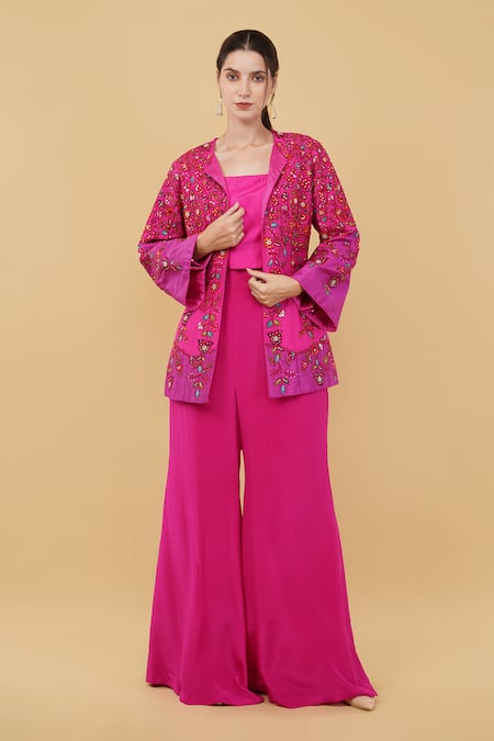 Nidhi Kejriwal Pink Silk Embroidery Floral Jacket Front Open Garden And Palazzo Set 