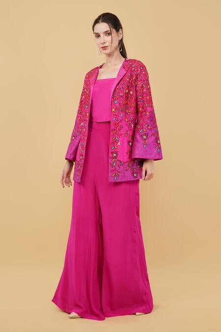 Nidhi Kejriwal_Pink Silk, Denim Pearls, Diamonds, Floral Garden Jacket And Palazzo Set _Online_at_Aza_Fashions