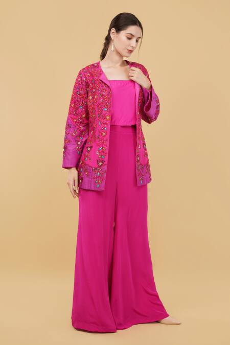 Buy_Nidhi Kejriwal_Pink Silk, Denim Pearls, Diamonds, Floral Garden Jacket And Palazzo Set _Online_at_Aza_Fashions