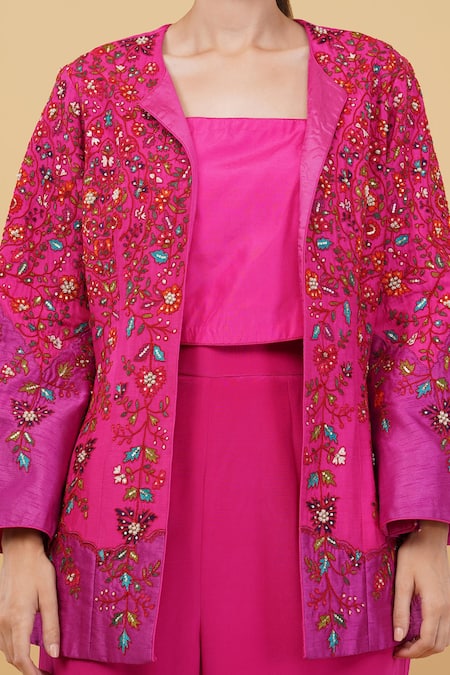 Shop_Nidhi Kejriwal_Pink Silk, Denim Pearls, Diamonds, Floral Garden Jacket And Palazzo Set _Online_at_Aza_Fashions