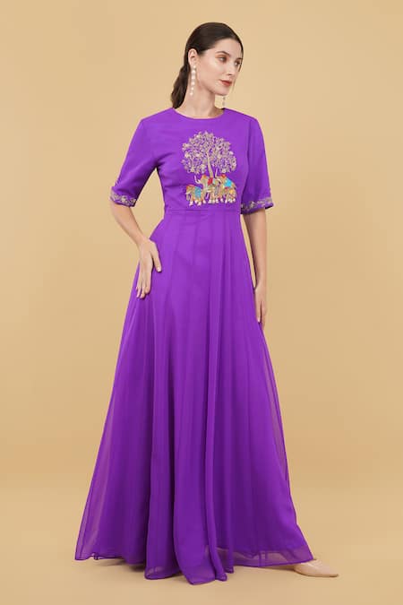 Nidhi Kejriwal_Purple Georgette Embroidery Round Neck Elephant Motif Hand Anarkali _Online_at_Aza_Fashions