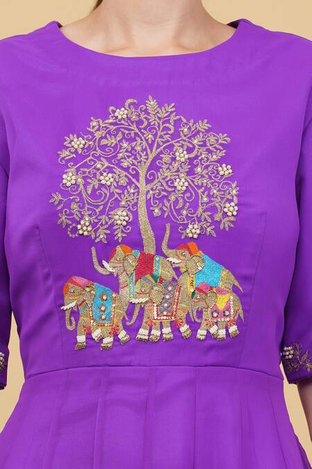 Buy_Nidhi Kejriwal_Purple Georgette Embroidery Round Neck Elephant Motif Hand Anarkali _Online_at_Aza_Fashions