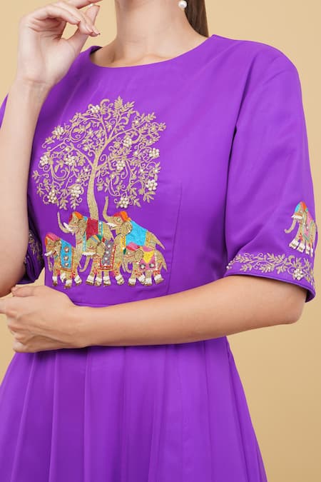 Shop_Nidhi Kejriwal_Purple Georgette Embroidery Round Neck Elephant Motif Hand Anarkali _Online_at_Aza_Fashions