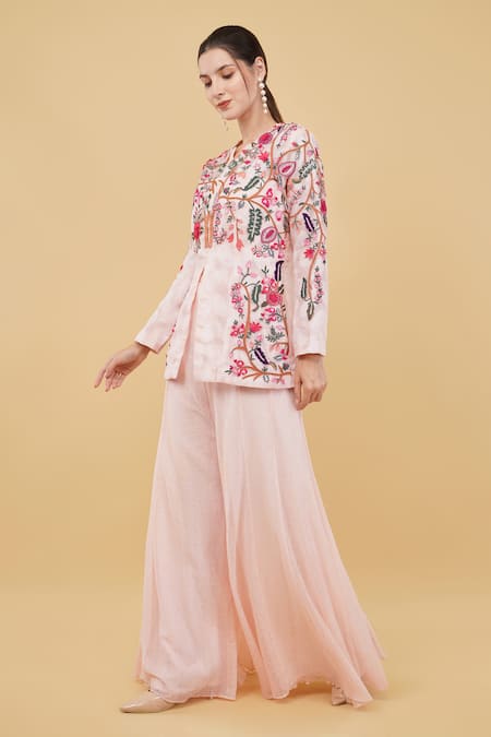Nidhi Kejriwal_Pink Chanderi, Net Cut Work, Sequins, Floral Garden Tunic With Palazzo _Online_at_Aza_Fashions
