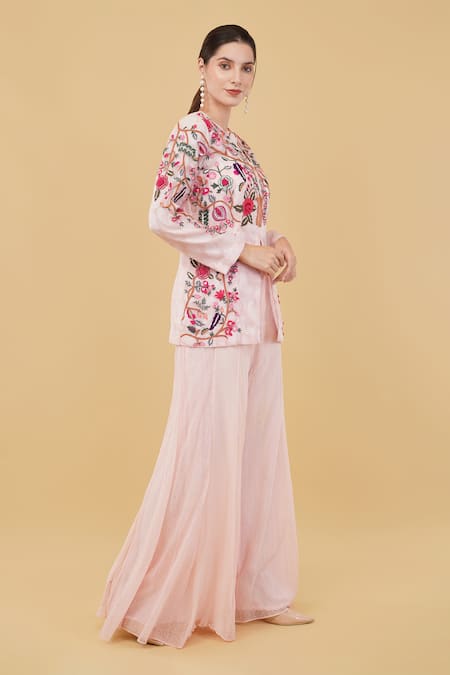 Buy_Nidhi Kejriwal_Pink Chanderi, Net Cut Work, Sequins, Floral Garden Tunic With Palazzo _Online_at_Aza_Fashions