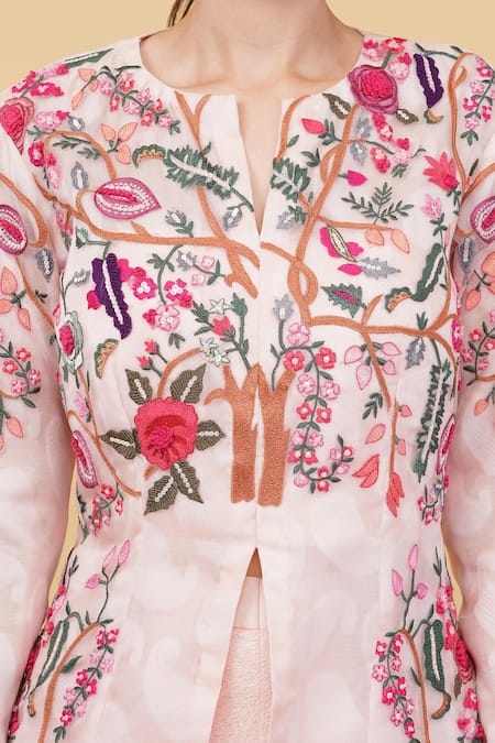 Shop_Nidhi Kejriwal_Pink Chanderi, Net Cut Work, Sequins, Floral Garden Tunic With Palazzo _Online_at_Aza_Fashions