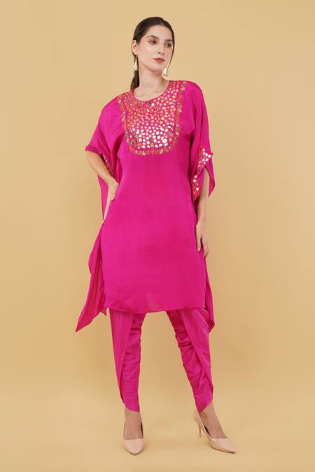 Nidhi Kejriwal_Pink Silk Mirrors, Embroidery Round Neck Yoke Kaftan With Dhoti Pant _Online_at_Aza_Fashions