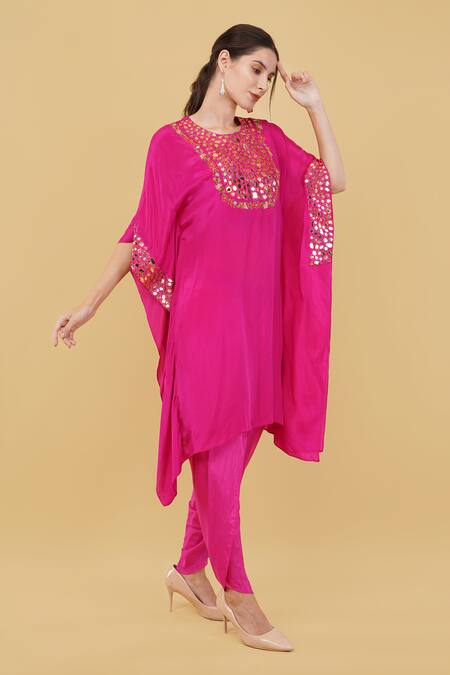 Buy_Nidhi Kejriwal_Pink Silk Mirrors, Embroidery Round Neck Yoke Kaftan With Dhoti Pant _Online_at_Aza_Fashions