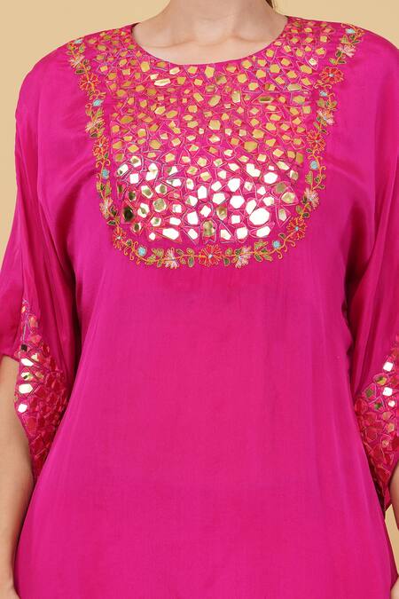 Shop_Nidhi Kejriwal_Pink Silk Mirrors, Embroidery Round Neck Yoke Kaftan With Dhoti Pant _Online_at_Aza_Fashions