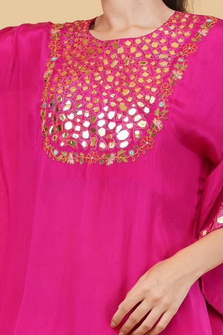 Nidhi Kejriwal_Pink Silk Mirrors, Embroidery Round Neck Yoke Kaftan With Dhoti Pant _at_Aza_Fashions