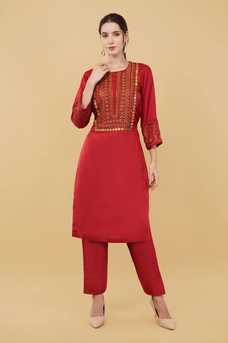 Nidhi Kejriwal_Red Silk, Denim Metallic Thread Round Neck Tribal Embroidered Kurta With Salwar _Online_at_Aza_Fashions