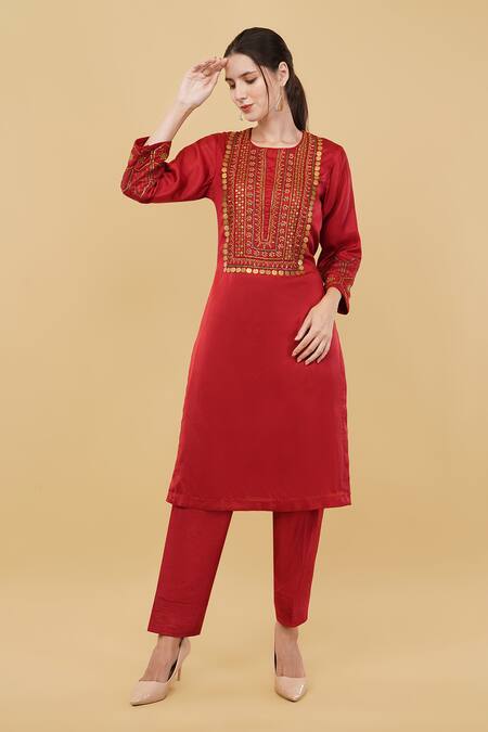 Buy_Nidhi Kejriwal_Red Silk, Denim Metallic Thread Round Neck Tribal Embroidered Kurta With Salwar _Online_at_Aza_Fashions