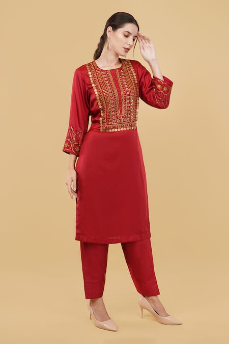 Shop_Nidhi Kejriwal_Red Silk, Denim Metallic Thread Round Neck Tribal Embroidered Kurta With Salwar _Online_at_Aza_Fashions