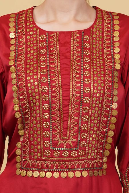 Nidhi Kejriwal_Red Silk, Denim Metallic Thread Round Neck Tribal Embroidered Kurta With Salwar _at_Aza_Fashions