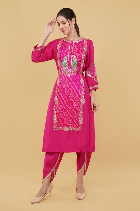 Nidhi Kejriwal_Pink Silk Round Neck Bandhej Panel Pattern Kurta With Dhoti Pant _Online_at_Aza_Fashions