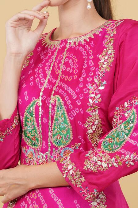 Buy_Nidhi Kejriwal_Pink Silk Round Neck Bandhej Panel Pattern Kurta With Dhoti Pant _Online_at_Aza_Fashions