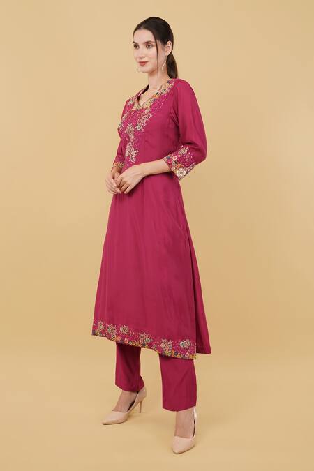 Nidhi Kejriwal_Pink Silk Zari, Embroidery V-neck Floral Yoke Kurta With Pant _Online_at_Aza_Fashions