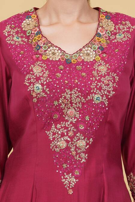 Buy_Nidhi Kejriwal_Pink Silk Zari, Embroidery V-neck Floral Yoke Kurta With Pant _Online_at_Aza_Fashions
