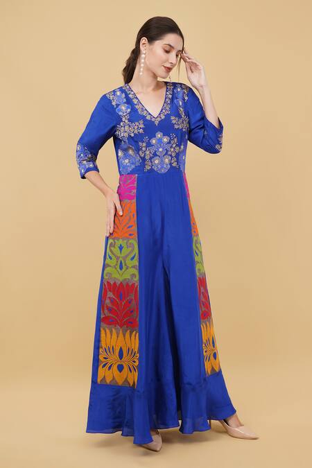 Buy_Nidhi Kejriwal_Blue Silk Embroidery, Diamonds V-neck Hand Yoke Jumpsuit _Online_at_Aza_Fashions