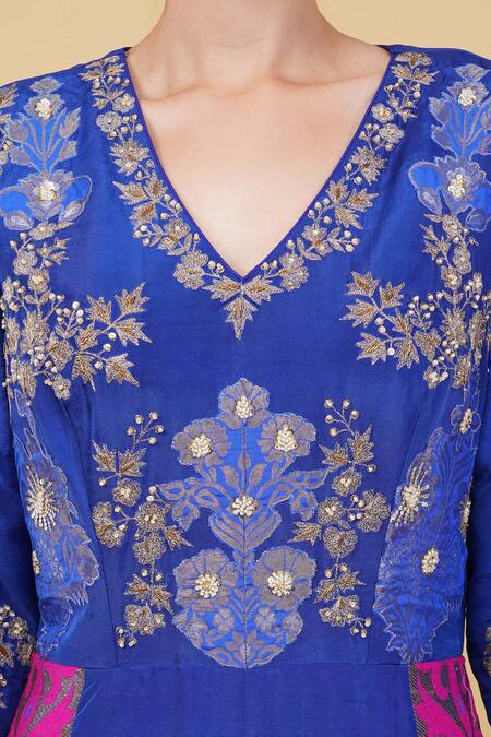 Shop_Nidhi Kejriwal_Blue Silk Embroidery, Diamonds V-neck Hand Yoke Jumpsuit _Online_at_Aza_Fashions