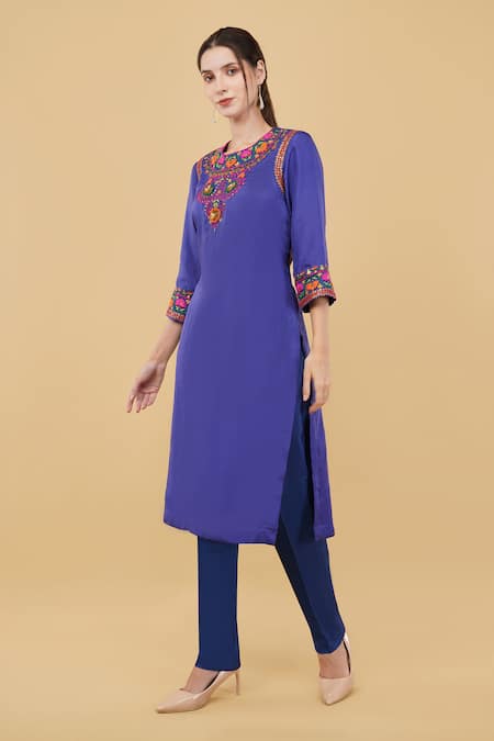 Nidhi Kejriwal_Blue Silk, Denim Sequins, Embroidery Round Neck Flower Yoke Kurta With Trouser _Online_at_Aza_Fashions