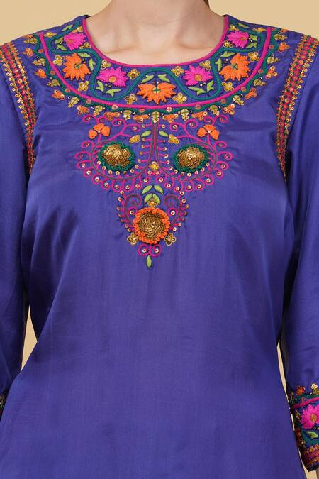 Buy_Nidhi Kejriwal_Blue Silk, Denim Sequins, Embroidery Round Neck Flower Yoke Kurta With Trouser _Online_at_Aza_Fashions