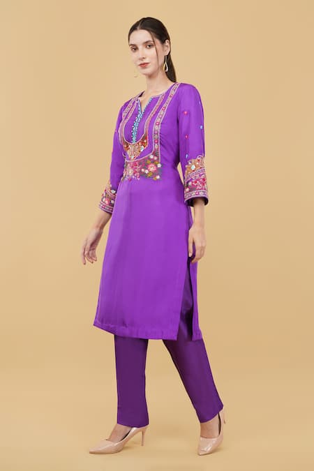 Nidhi Kejriwal_Purple Silk, Denim Sequins, Floral Garden Embroidered Yoke Kurta With Pant _Online_at_Aza_Fashions