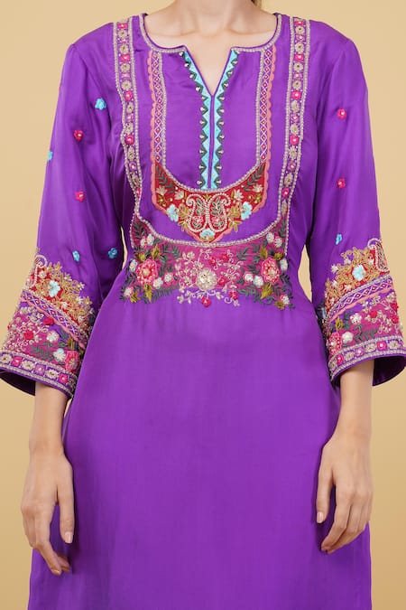 Shop_Nidhi Kejriwal_Purple Silk, Denim Sequins, Floral Garden Embroidered Yoke Kurta With Pant _Online_at_Aza_Fashions