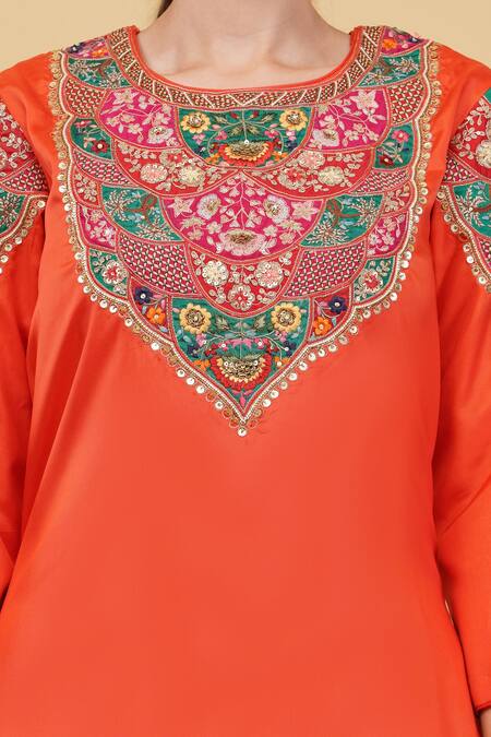 Buy_Nidhi Kejriwal_Orange Silk Embroidery Round Neck Floral Patch Work Kurta With Pant _Online_at_Aza_Fashions