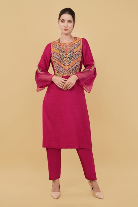 Nidhi Kejriwal Wine Micro Dupian Embroidery Floral Round Flower Patch Work Kurta With Salwar 