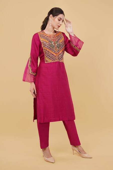 Nidhi Kejriwal_Wine Organza, Microfiber Embroidery Round Flower Patch Work Kurta With Salwar_Online_at_Aza_Fashions