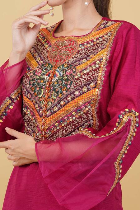 Shop_Nidhi Kejriwal_Wine Organza, Microfiber Embroidery Round Flower Patch Work Kurta With Salwar_Online_at_Aza_Fashions