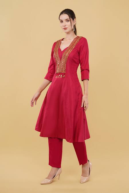 Nidhi Kejriwal_Red Silk, Denim Metallic Thread Sweetheart Neck Coin Embroidered Kurta With Pant _Online_at_Aza_Fashions