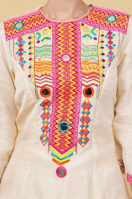 Shop_Nidhi Kejriwal_Cream Handloom Cotton Mirrors, Contrast Abstract Embroidered Kurta With Pant _Online_at_Aza_Fashions