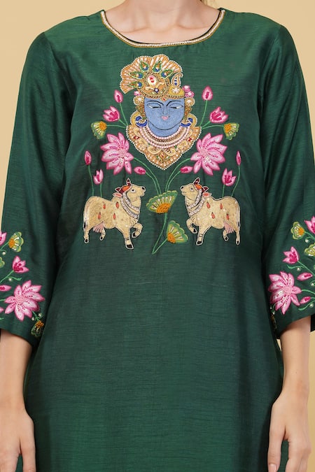 Shop_Nidhi Kejriwal_Green Silk Embroidery Round Neck Lord Krishna Kurta With Pant _Online_at_Aza_Fashions