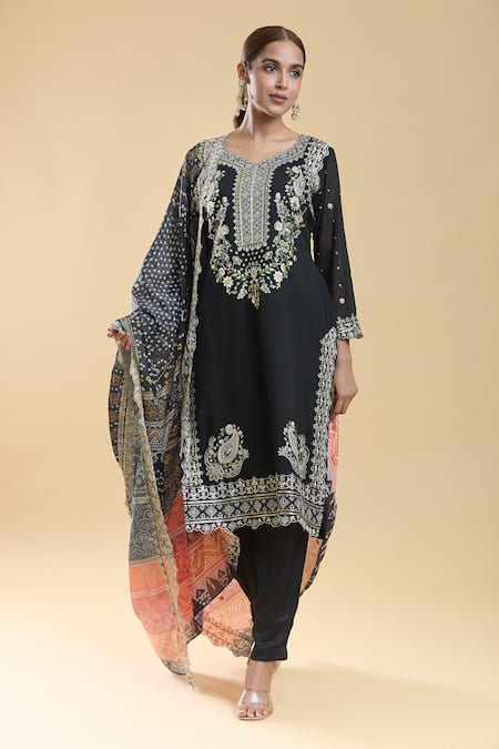 Samyukta Singhania Black Georgette Embroidered Zari Round Paisley Kurta Pant Set 