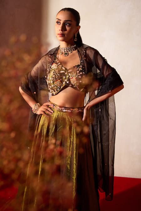 Tarini Vij_Brown Organza, Tissue Beads, Pearls, Cut Work, Adira Gul Embroidered Lehenga Set _Online_at_Aza_Fashions