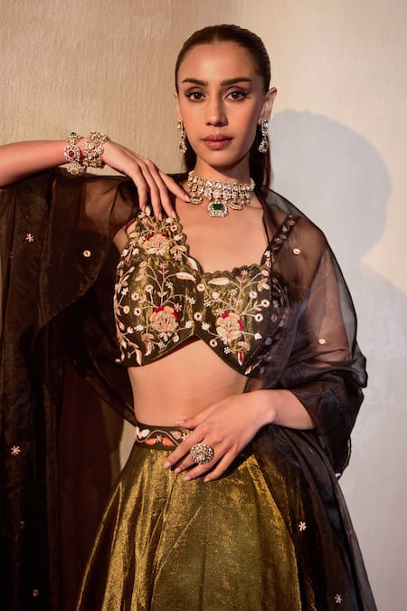 Buy_Tarini Vij_Brown Organza, Tissue Beads, Pearls, Cut Work, Adira Gul Embroidered Lehenga Set _Online_at_Aza_Fashions