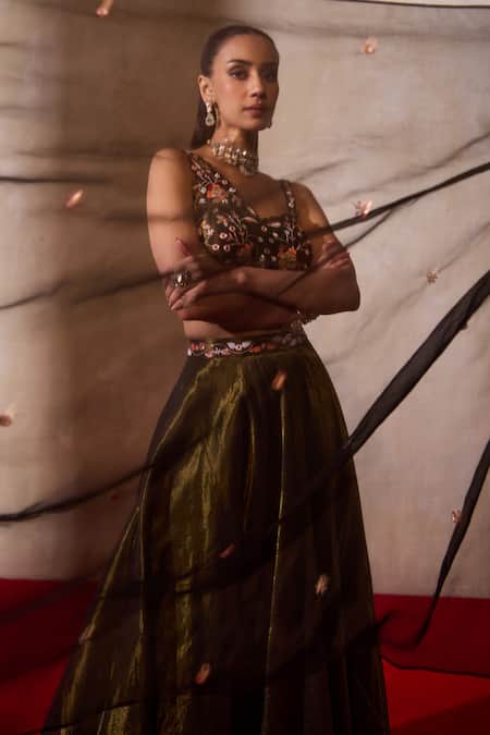 Shop_Tarini Vij_Brown Organza, Tissue Beads, Pearls, Cut Work, Adira Gul Embroidered Lehenga Set _Online_at_Aza_Fashions