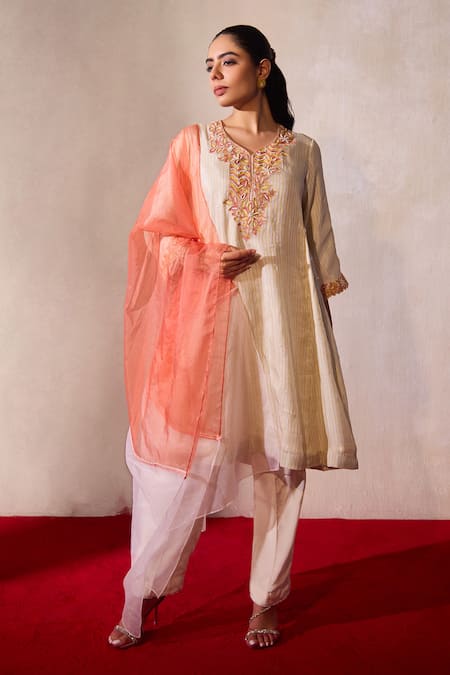 Tarini Vij Amal Blossom Striped Embroidered Kurta Pant Set 